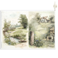 Design features two soft watercolor countryside scenes with a small stream, fence, trees, a cottage, and a rustic wagon, shown on a white background.