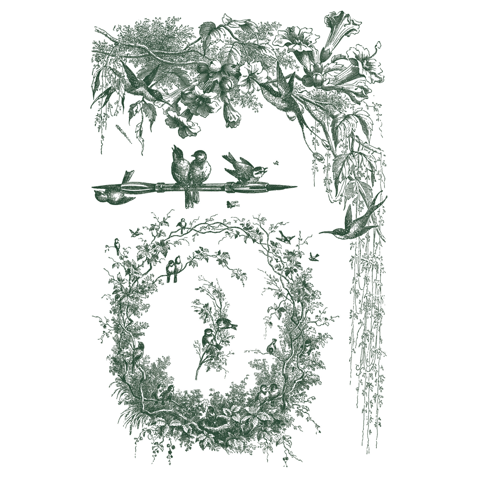 Decorative design with birds and foliage on a white background