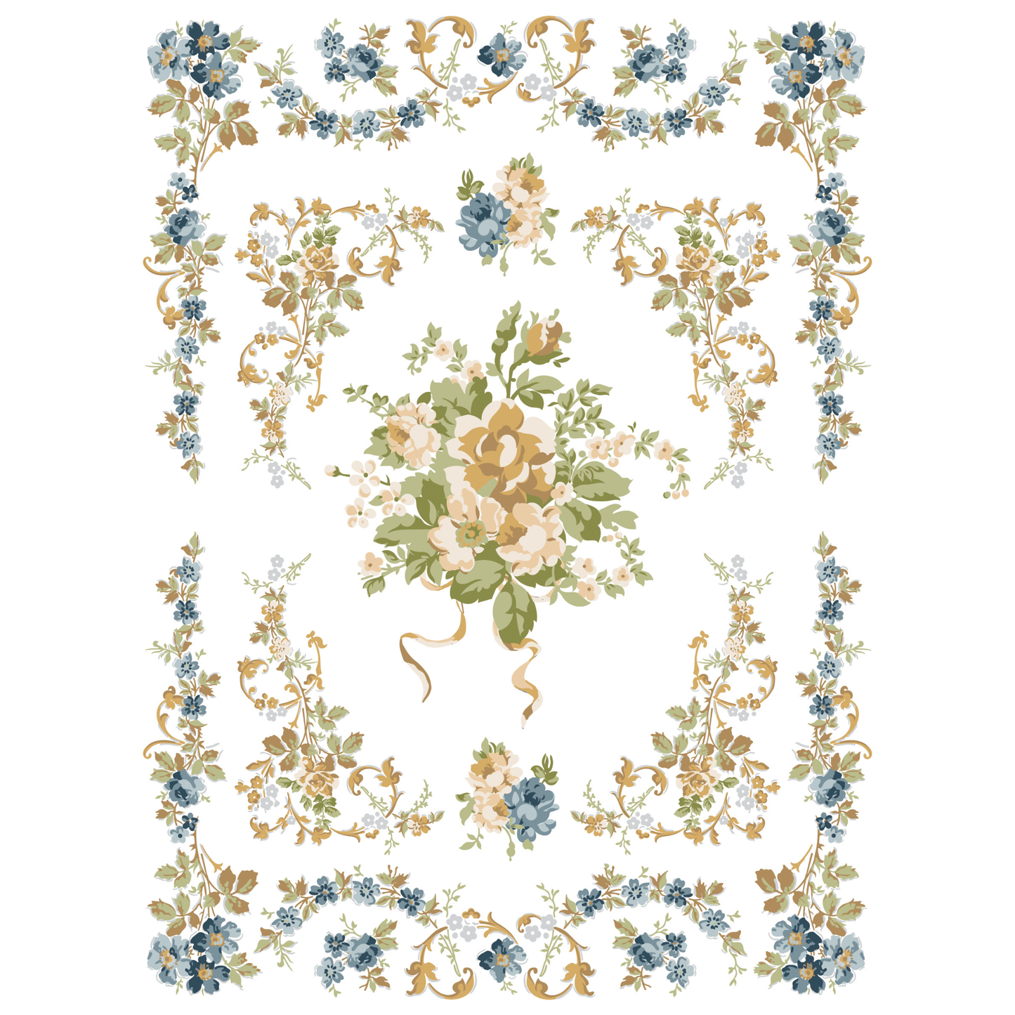 Decorative floral pattern with blue, green, and beige flowers on a white background