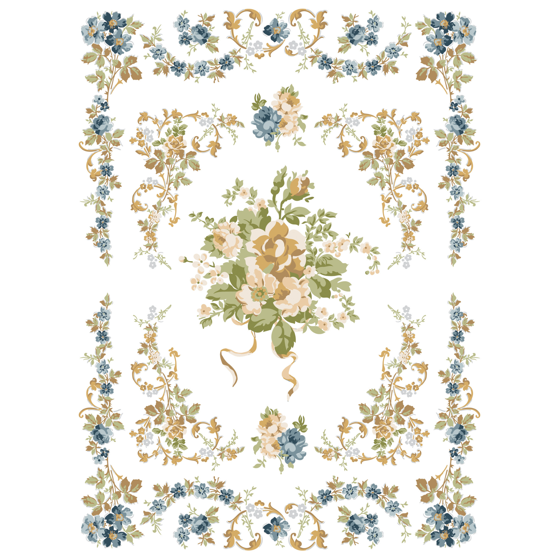 Decorative floral pattern with blue, green, and beige flowers on a white background