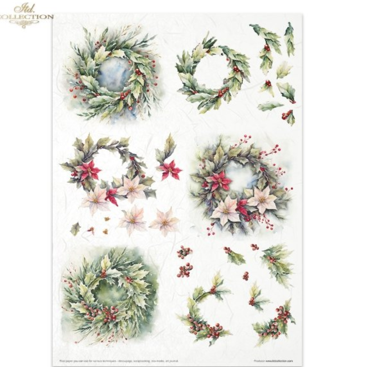 A sheet of Christmas wreath and floral illustrations from Winter Wreath set from ITD Collection, featuring green holly and pine wreaths with red berries, white and pink lilies, and small poinsettias on a textured off-white background.