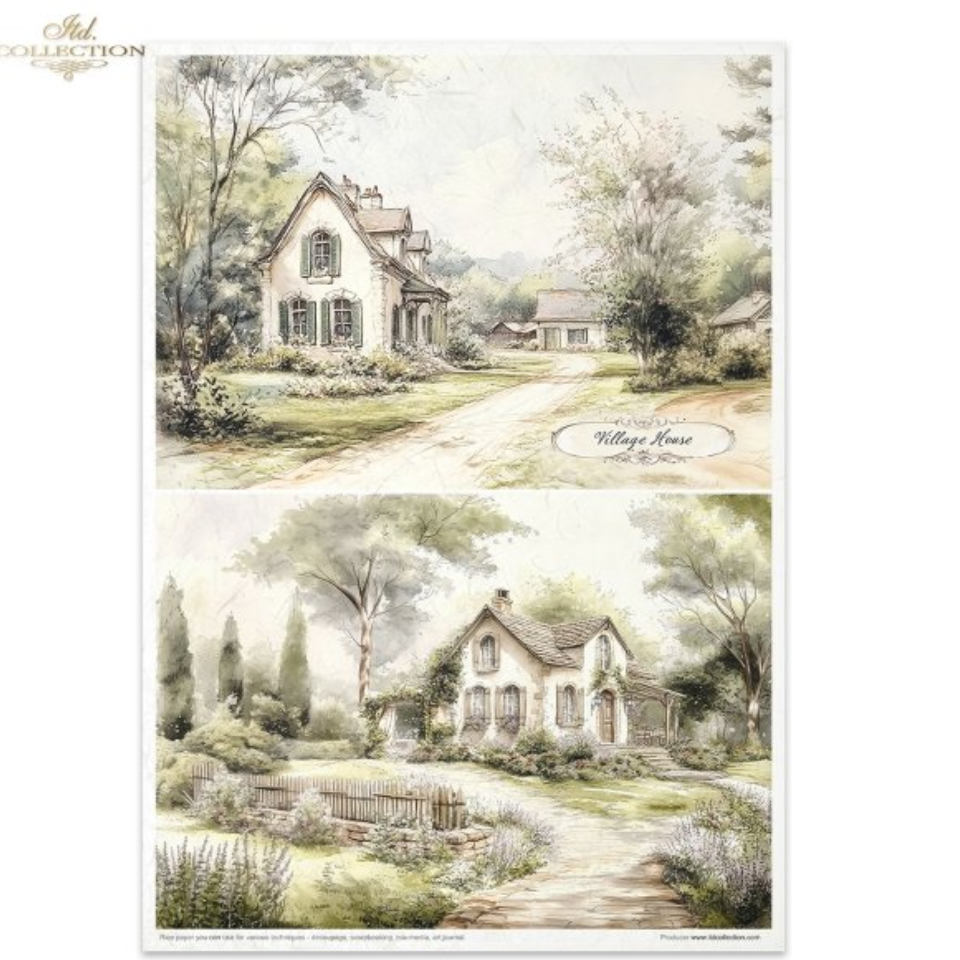 A vintage-style watercolor illustration sheet featuring two rustic cottage scenes with trees, paths, and soft pastel tones.