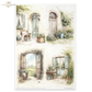 A sheet of decorative paper featuring four watercolor-style illustrations of rustic French courtyard doors, windows, plants, and outdoor scenes.