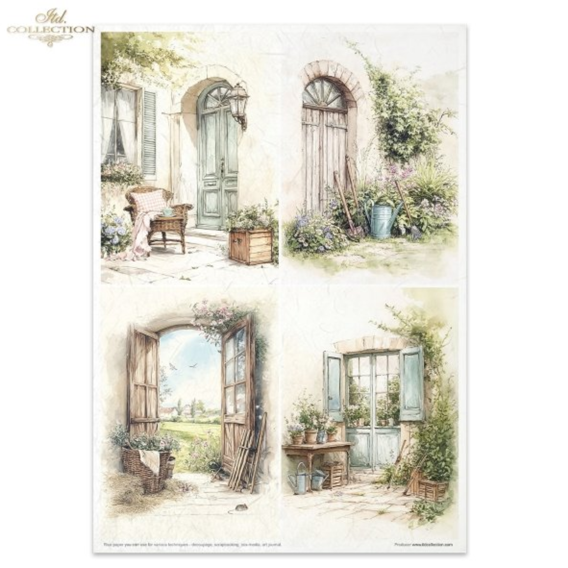 A sheet of decorative paper featuring four watercolor-style illustrations of rustic French courtyard doors, windows, plants, and outdoor scenes.