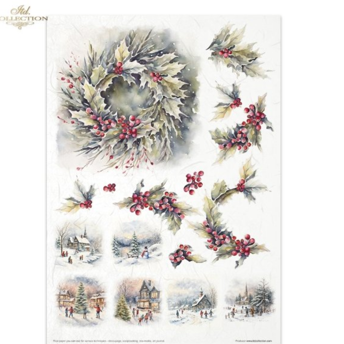A sheet of watercolor Christmas-themed designs from ITD Collection, featuring a large holly wreath, smaller holly sprigs with red berries, and a row of six winter village scenes at the bottom on a white background.