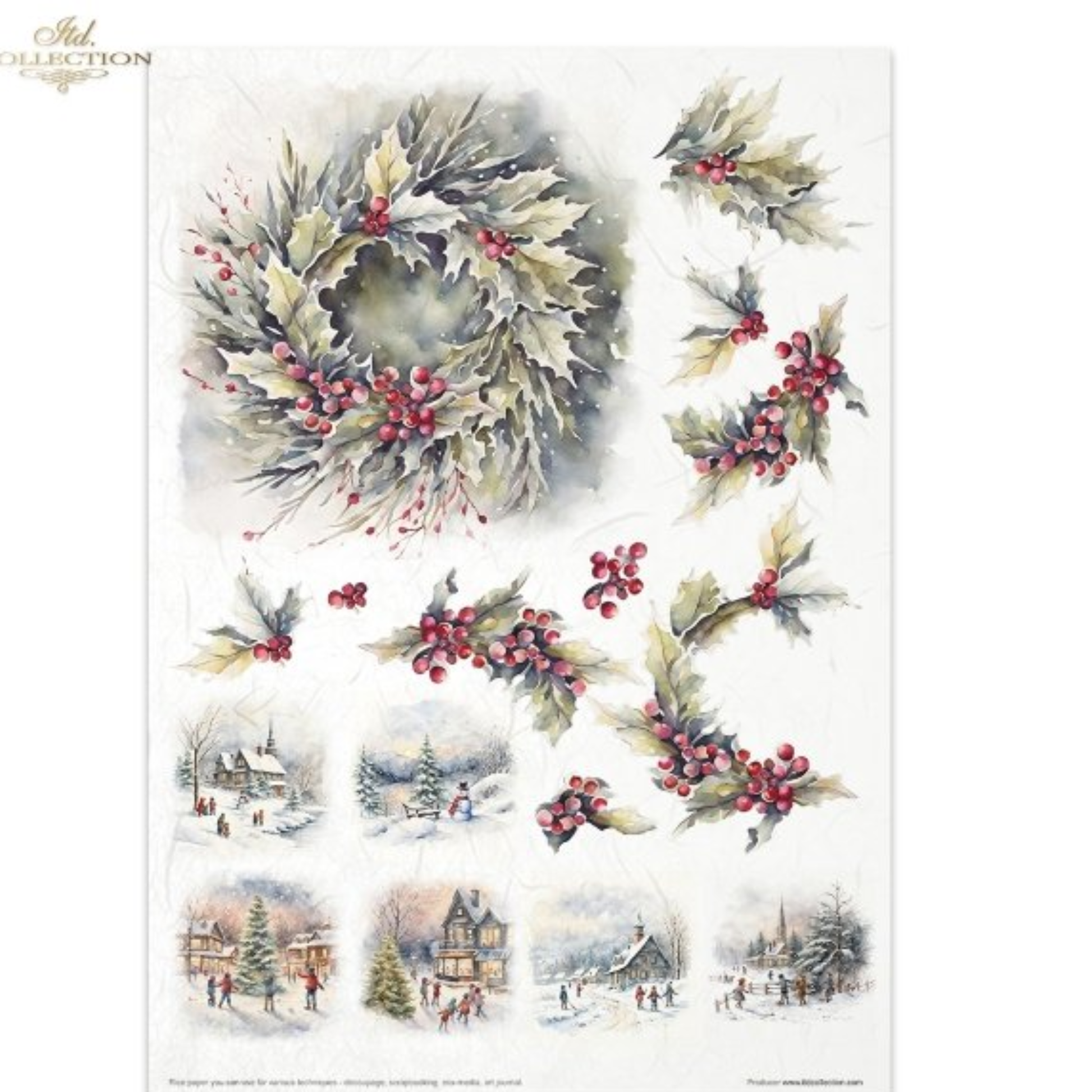 A sheet of watercolor Christmas-themed designs from ITD Collection, featuring a large holly wreath, smaller holly sprigs with red berries, and a row of six winter village scenes at the bottom on a white background.
