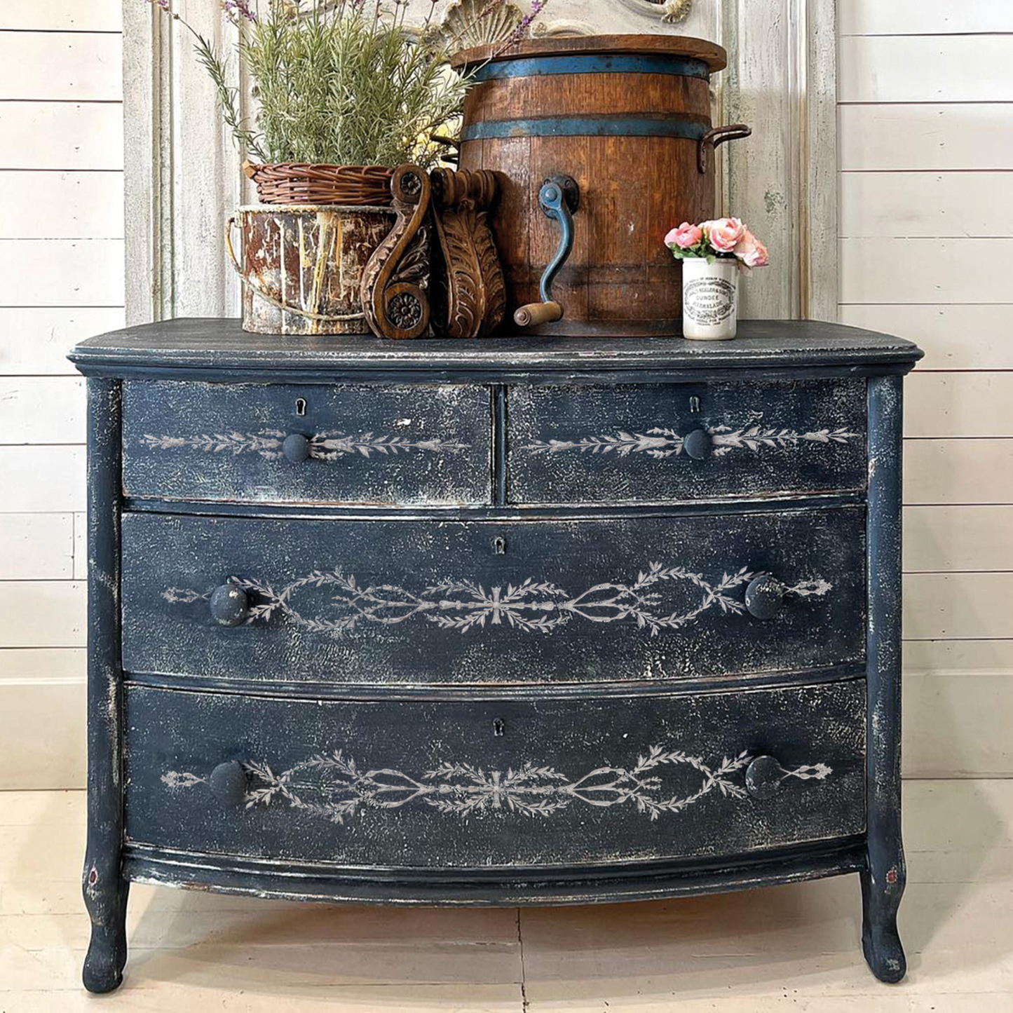 "Trompe L'Oeil Laurel" IOD Paint Inlay Furniture Transfer by Iron Orchid Designs. Example photo #1. Available at Milton's Daughter.