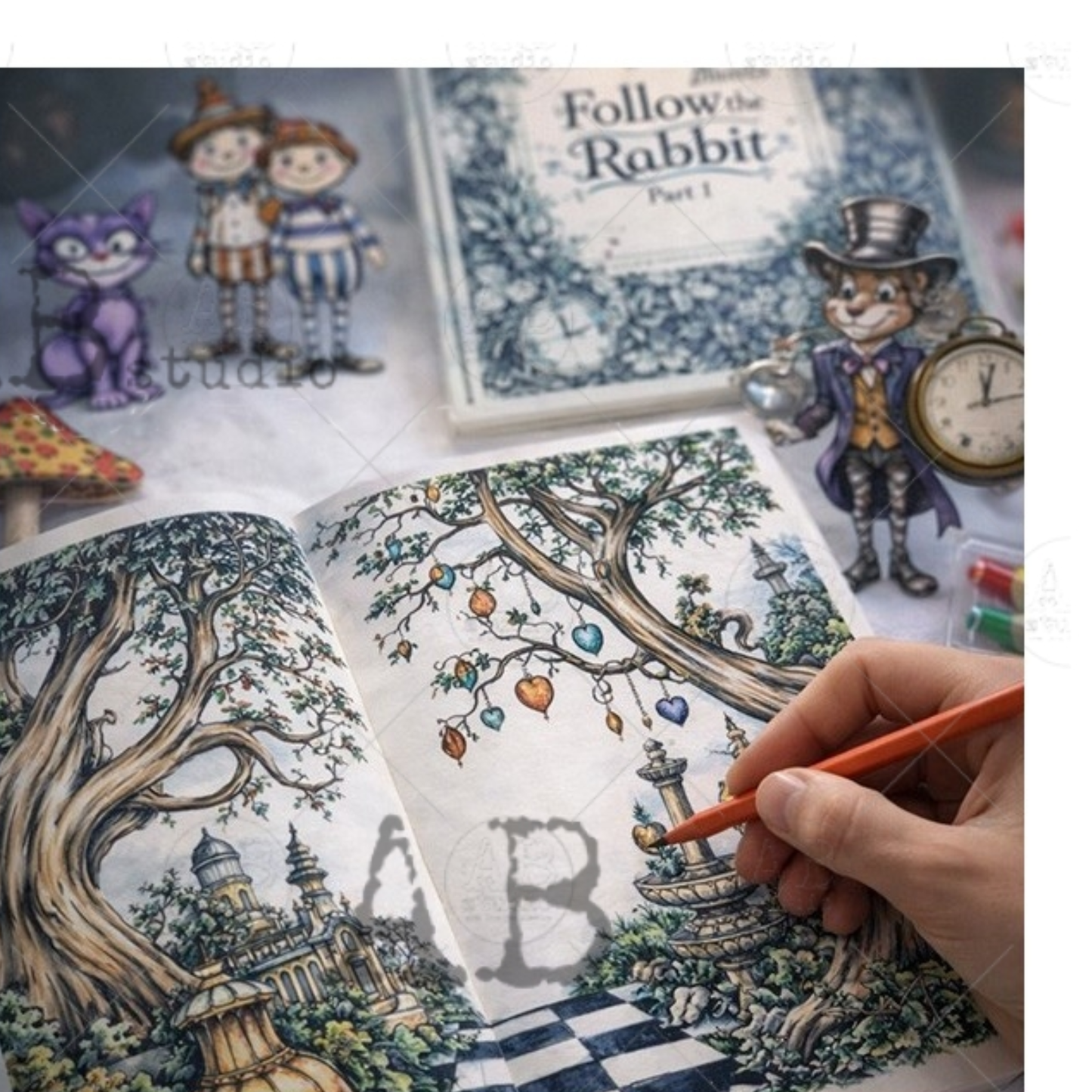 Coloring book with detailed illustrations and a hand holding a pen.