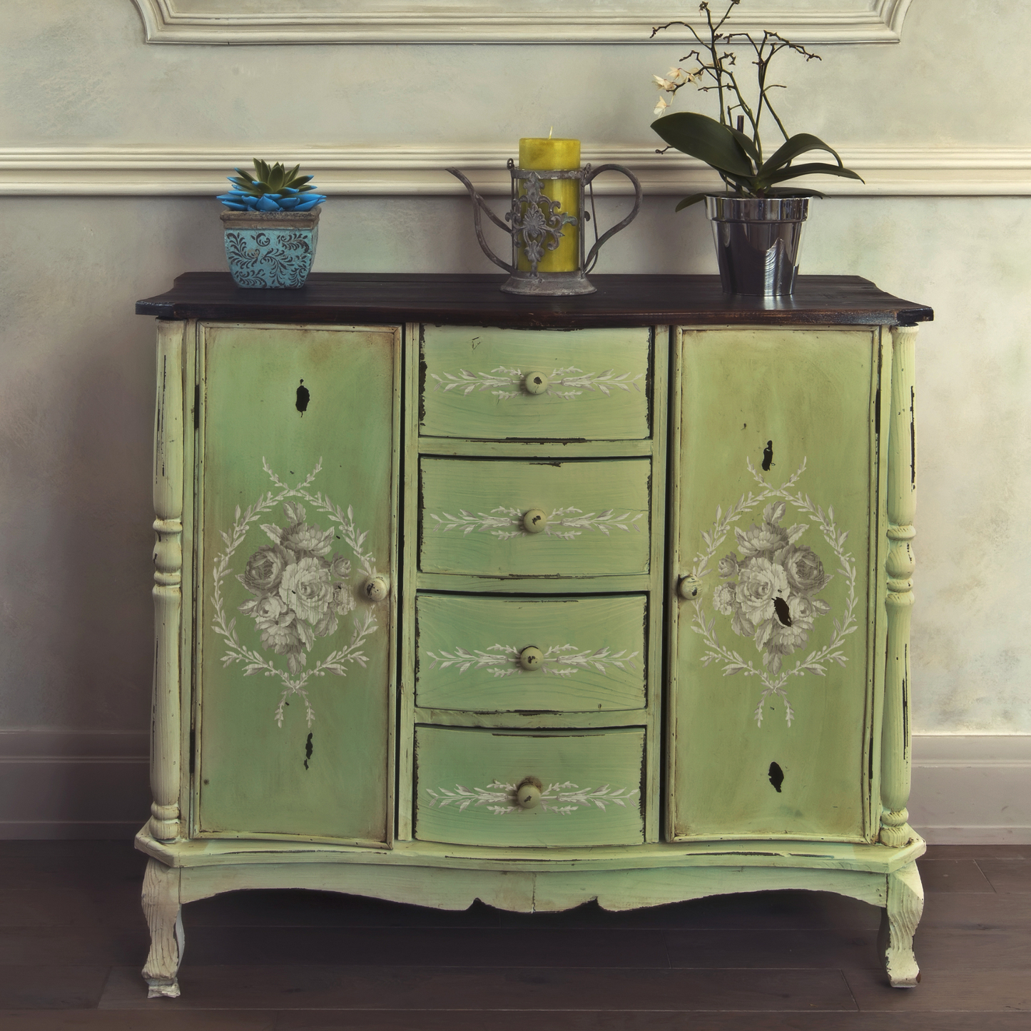 "Trompe L'Oeil Laurel" IOD Paint Inlay Furniture Transfer by Iron Orchid Designs. Example photo #3. Available at Milton's Daughter.