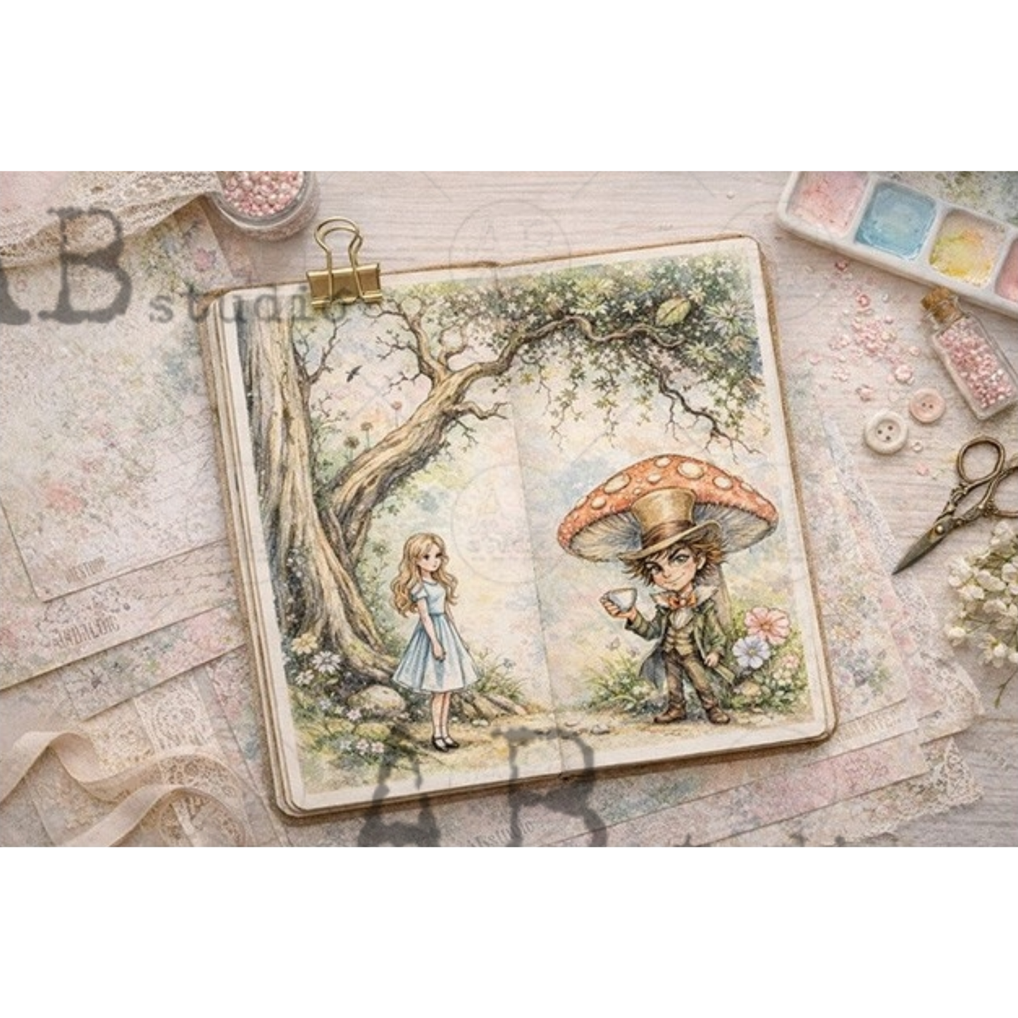 Illustration of a boy with a mushroom hat and a girl in a garden setting on a wooden board.