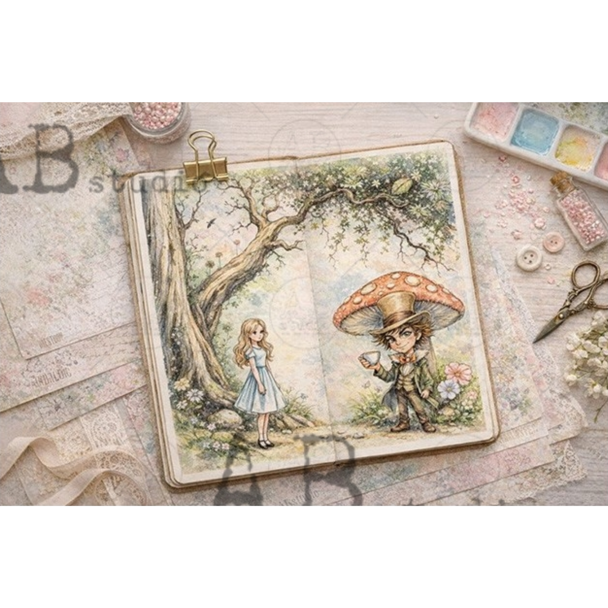 Illustration of a boy with a mushroom hat and a girl in a garden setting on a wooden board.