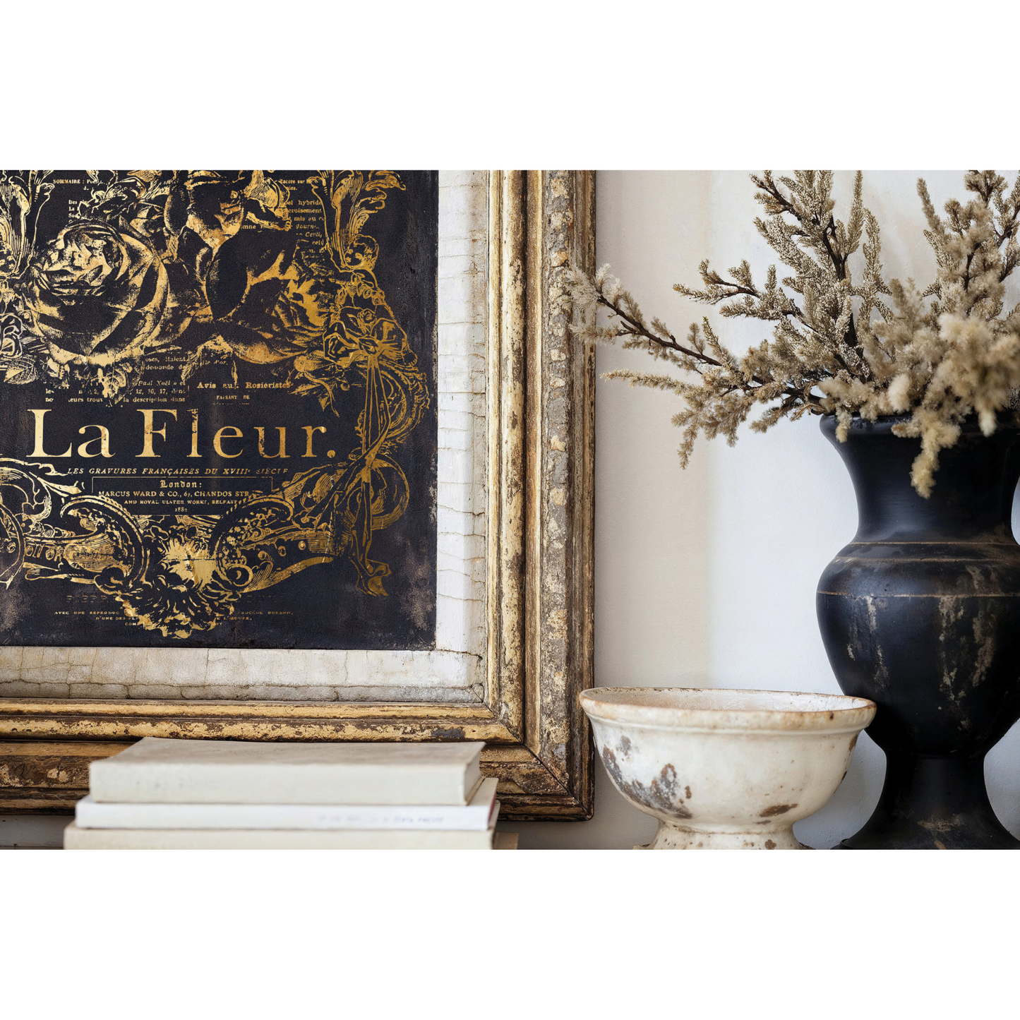 "Curated Signage" IOD Foil Transfer by Iron Orchid Designs. Gilded transfer pad contains four 12" x 16 sheets. Available at Milton's Daughter. Example #1.