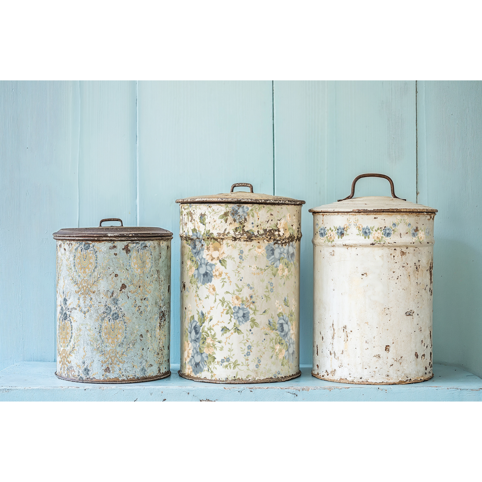 Three vintage-style metal canisters with floral patterns against a light blue wooden background