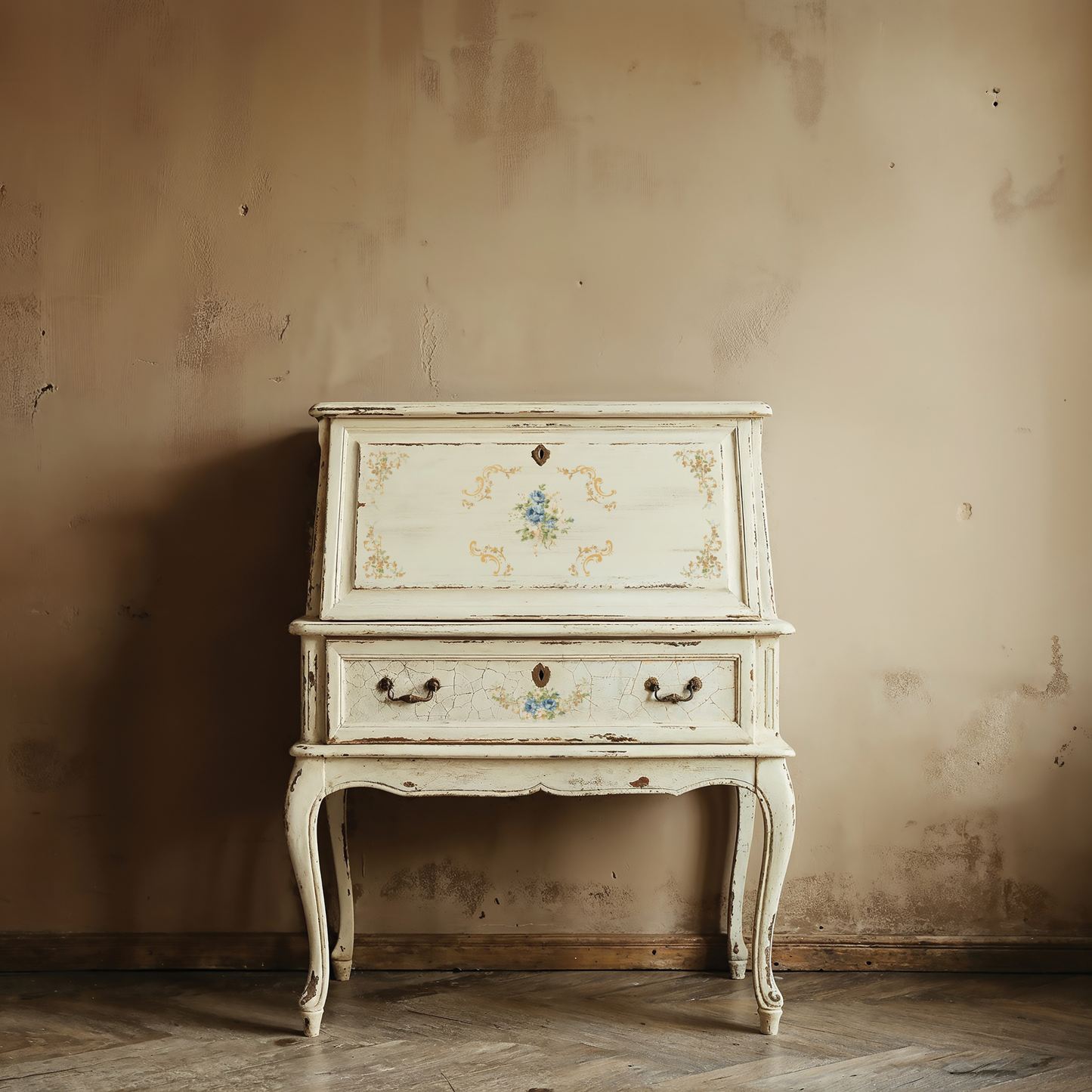 Vintage desk with floral patterns against a worn wall