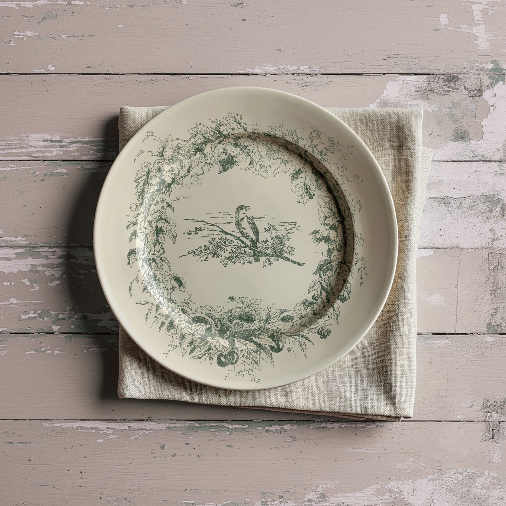 Decorative plate with bird and floral design on a textured surface
