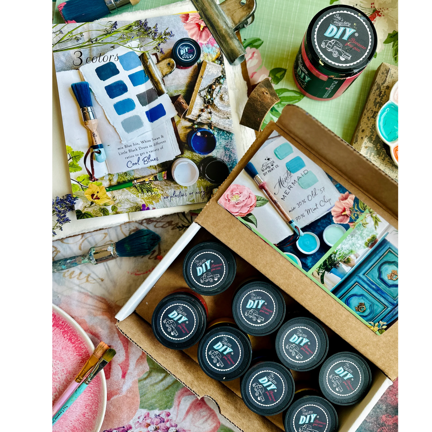 DIY Paint Mixology Lab 8 Color Sampler Box by Debi's DIY Paint and Debi's Design Diary. Contains eight 2 oz jars of DIY Paint for sampling and mixing countless color combinations. Available at Milton's Daughter. Open box photo 2.