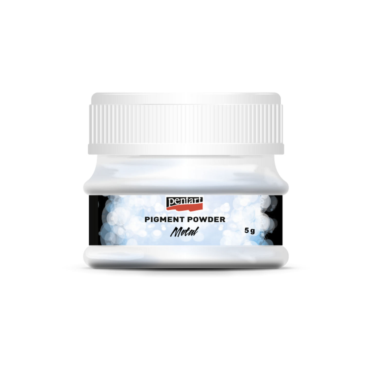 Jar of pigment powder with a white lid on a white background