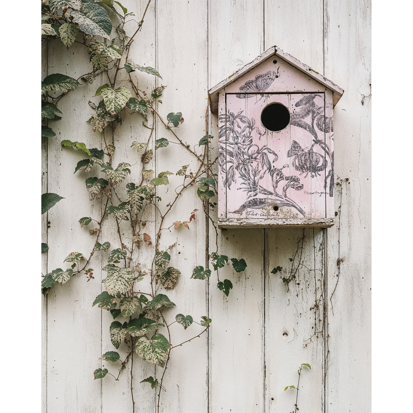 Decorative birdhouse with floral patterns on a white wooden wall with climbing plants.