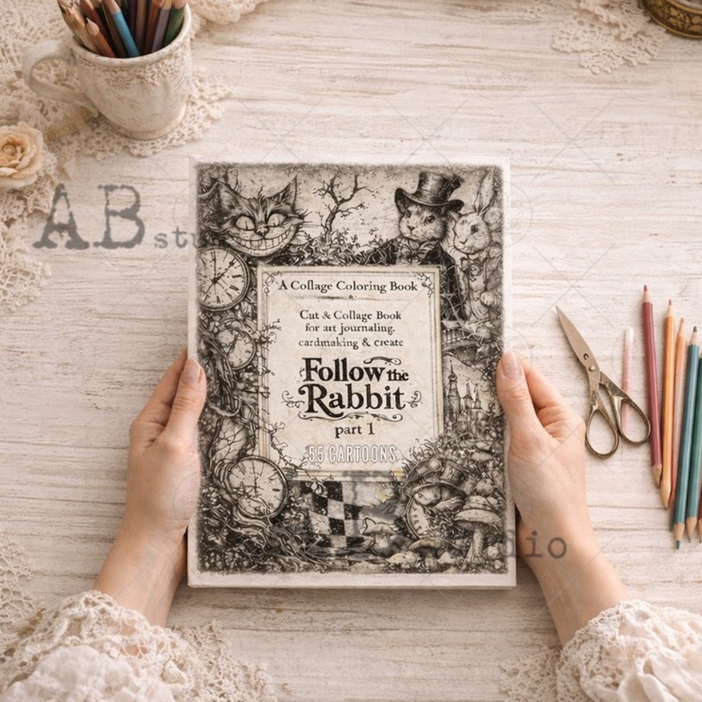 Collage coloring book titled 'Follow the Rabbit' held by hands on a wooden surface with stationery items.