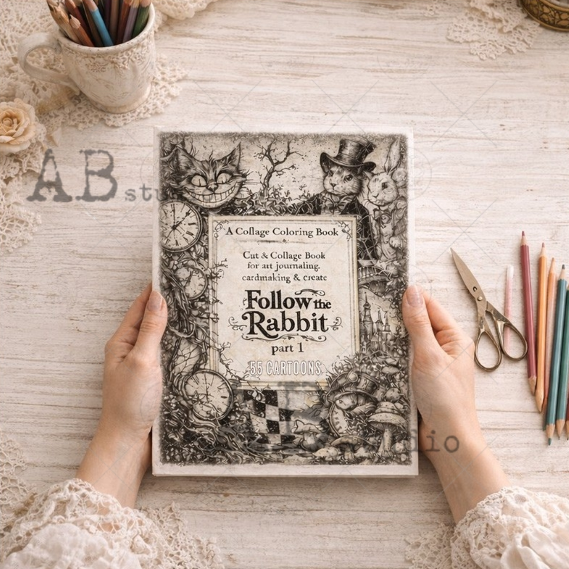 Collage coloring book titled 'Follow the Rabbit' held by hands on a wooden surface with stationery items.
