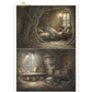 Two illustrations of cozy, rustic rooms with wooden furniture and warm lighting.