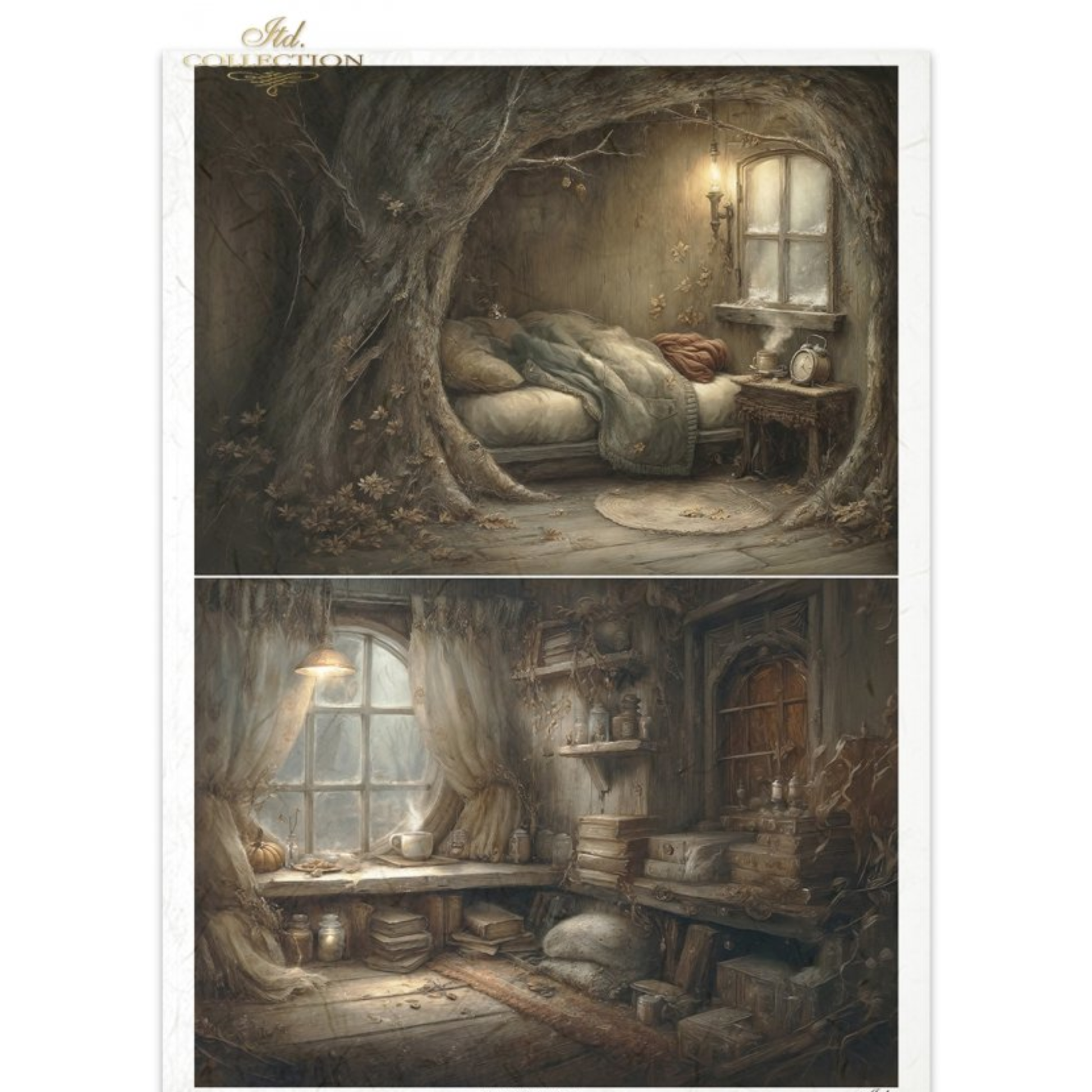 Two illustrations of cozy, rustic rooms with wooden furniture and warm lighting.