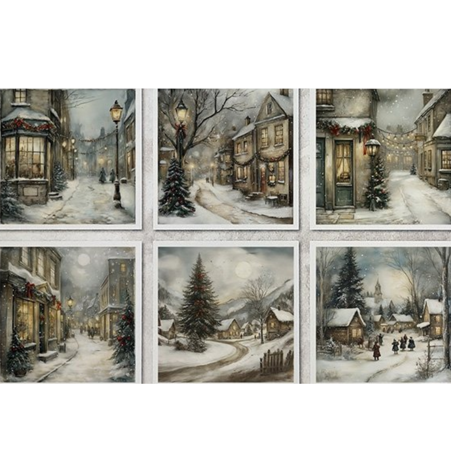 "Snowy Village" Mini Rice Paper Set by ITD Collection. Six sheet detail.