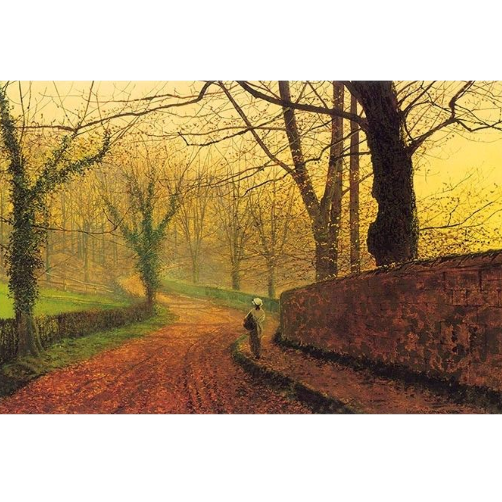 Impressionist-style image of a narrow reddish-brown path winding through a forest at golden hour, with bare trees, ivy-covered trunks, a stone wall on the right, and a small distant figure.