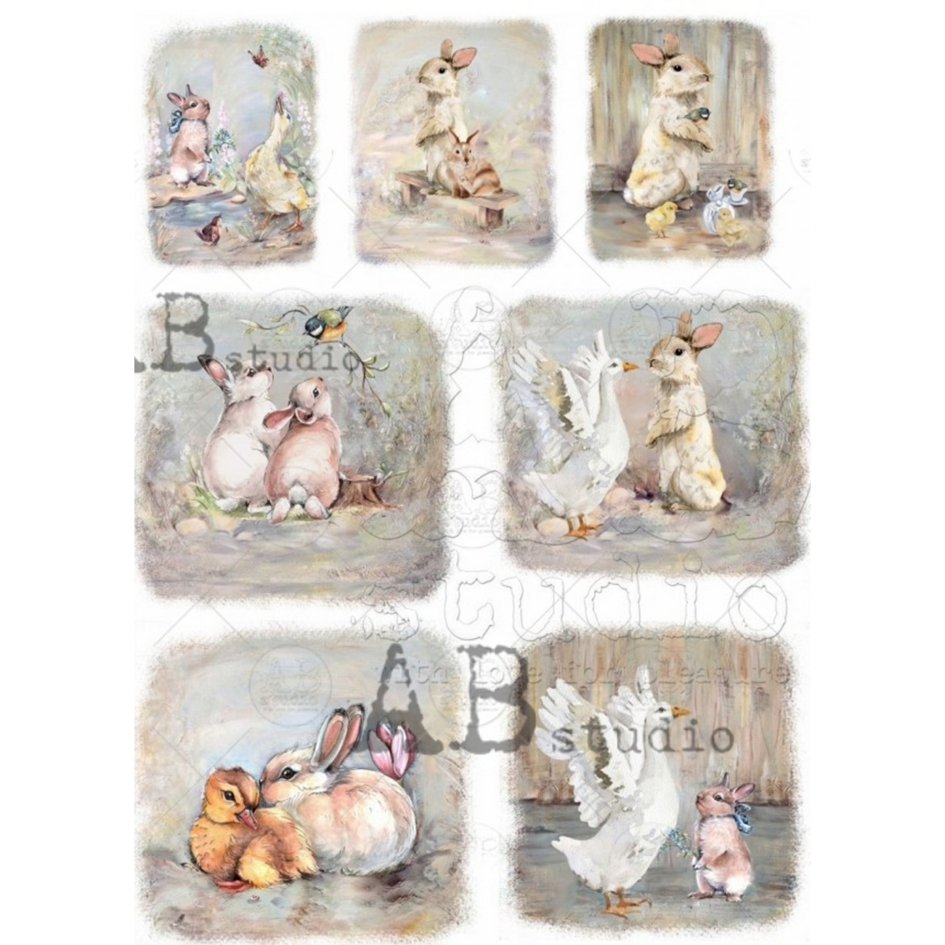 "7-Pack Watercolor Mini Easter Scenes" decoupage rice paper by AB Studio. Size A4 available at Milton's Daughter.