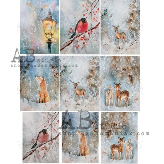 "Nine Small Scenes-Rustic Winter Animals" decoupage rice paper by AB Studio availablein size A4 at Milton's Daughter.