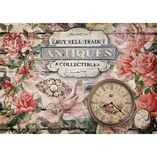 "Antique Collectibles" Decoupage Rice Paper by Decoupage Queen. Size A3 - 11.7" x 16.5" available at Milton's Daughter.