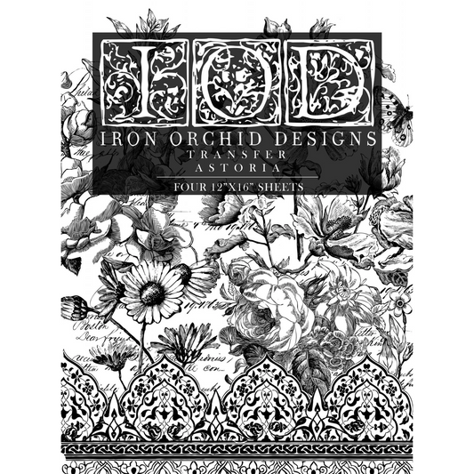 Astoria Foliage Transfer by IOD Iron Orchid Designs, four 12" x 16" sheets product cover photo in black and white florals with bohemian style border at Milton's Daughter
