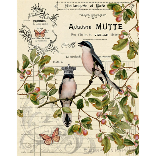 Monahan Papers "Auguste" 13" x 19" aged paper. BIrds in Branches with leaves, berries, butterfly. Aged paper for decoupage and mixed media art available at Milton's Daughter