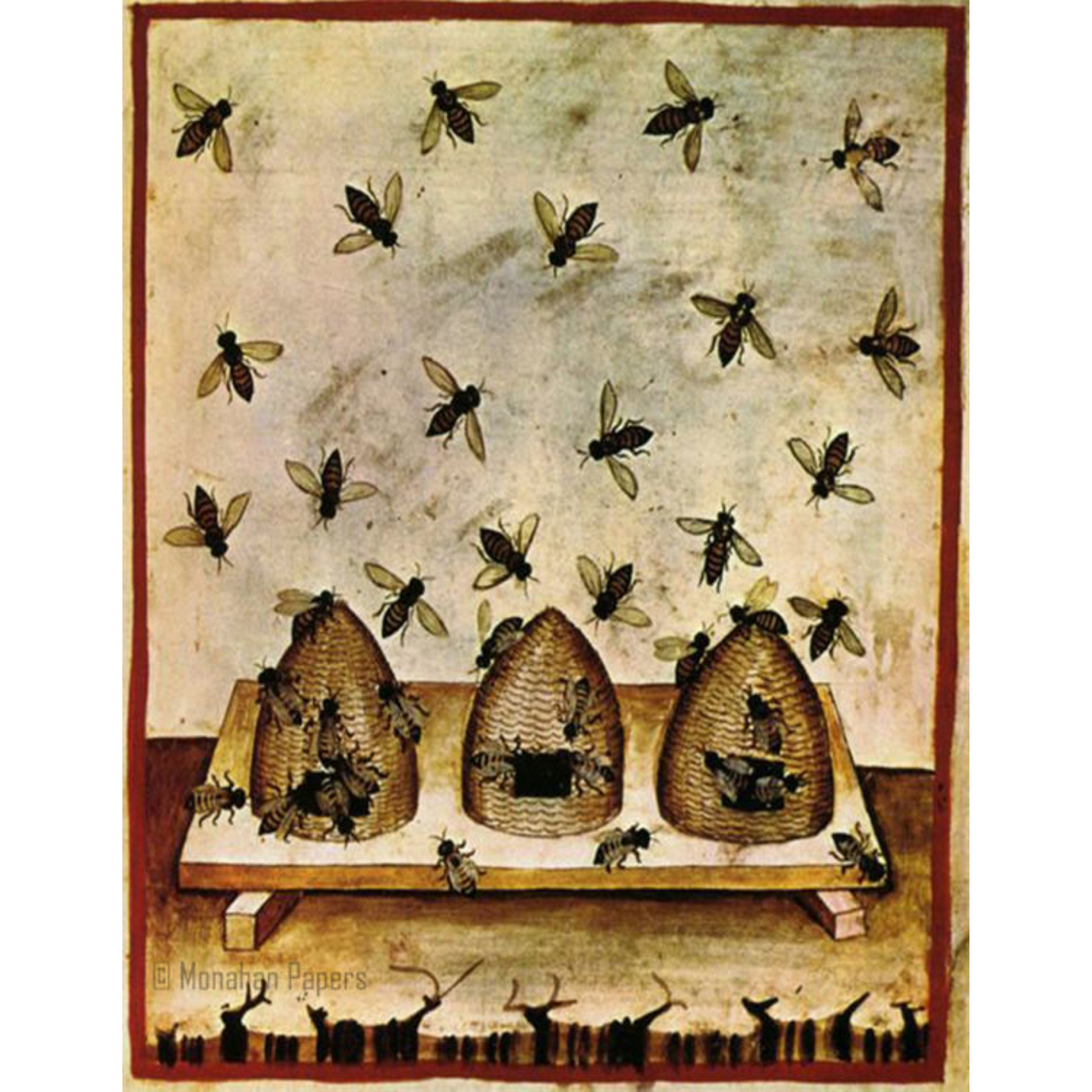 Beehives in Burgundy X45 Decoupage Paper by Monahan Papers available at Milton's Daughter.  Three beehives with bumble bees framed with burgundy stripe.  11" x  17".