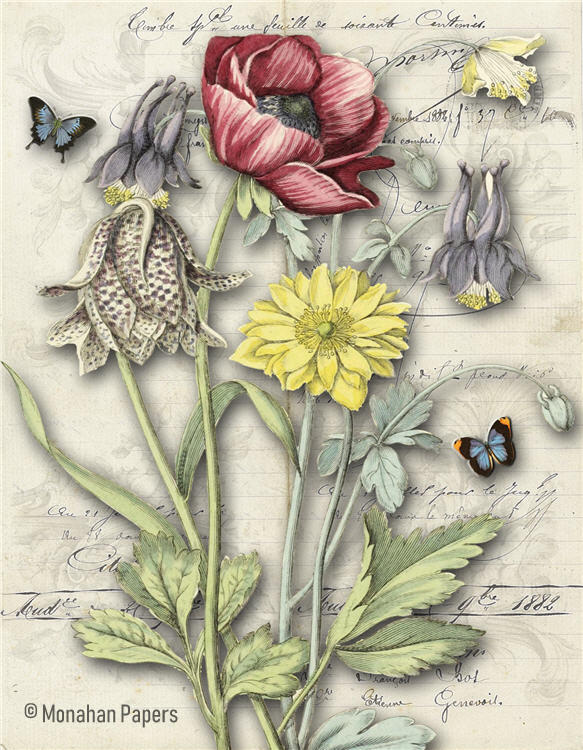 Monahan Papers, "Botanical 122" 11"x17". Pink, yellow and white flowers on light background with butterflies. Aged paper for decoupage and mixed media art available at Milton's Daughter