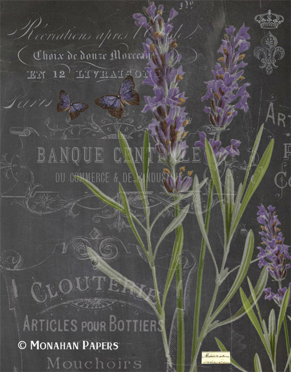 Monahan Papers "Botanical 206" 11" x 17"  Lavender on chalkboard background. Aged paper for decoupage and mixed media art available at Milton's Daughter