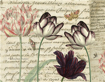 Monahan Papers "Botanical 47."  Pink, burgundy and white flowers on light background plus butterfly. 11" x 17." Aged paper for decoupage and mixed media art available at Milton's Daughter