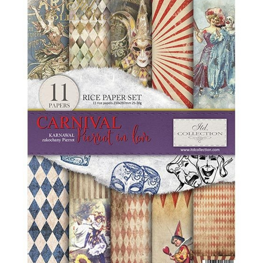 "Carnival-Pierrot In Love" decoupage rice paper A4 set available at Milton's Daughter. Front cover photo.