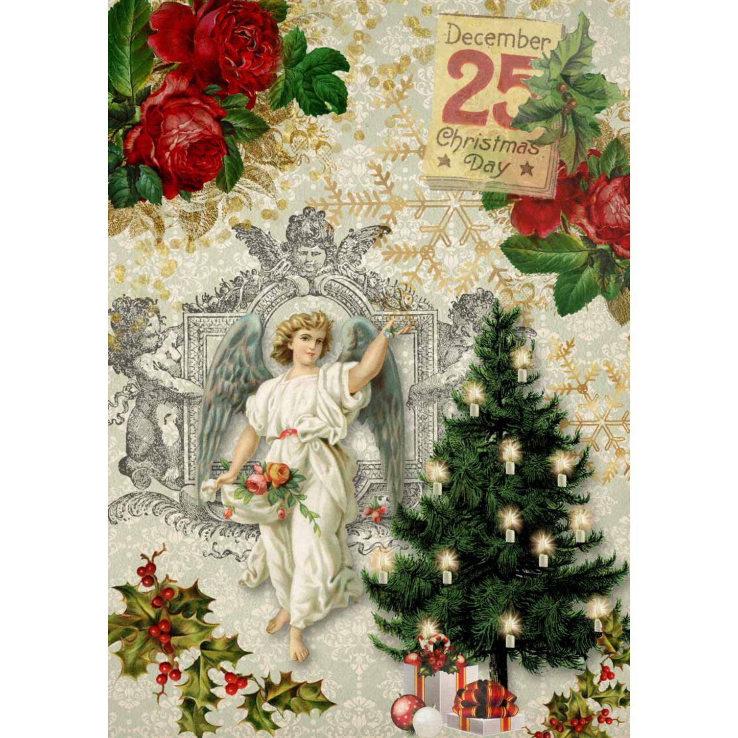 Chistmas Angel with Tree- Decoupage Rice Paper