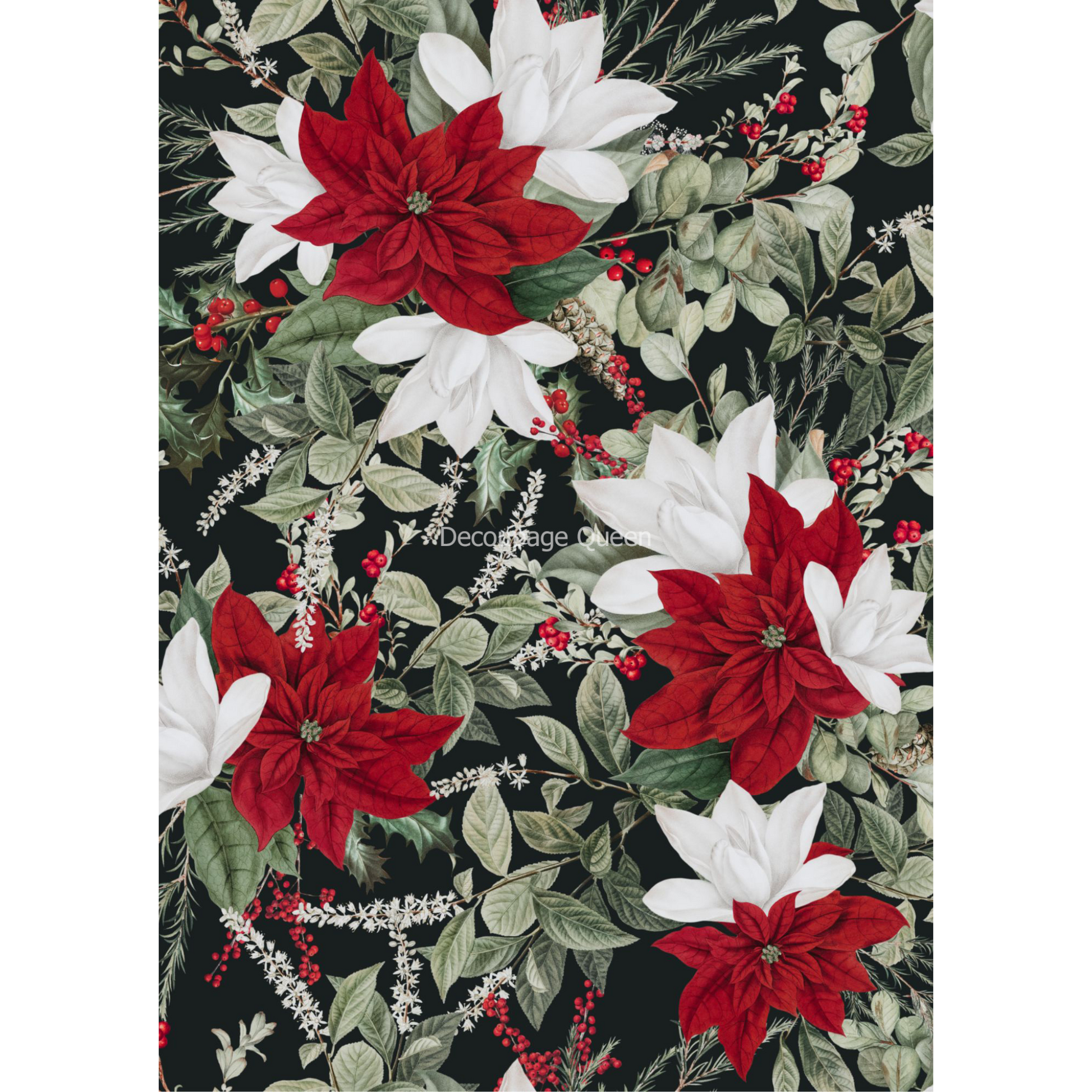 Chistmas Poinsettas-Black-decoupage rice paper by Decoupage Queen available at Milton's Daughter.