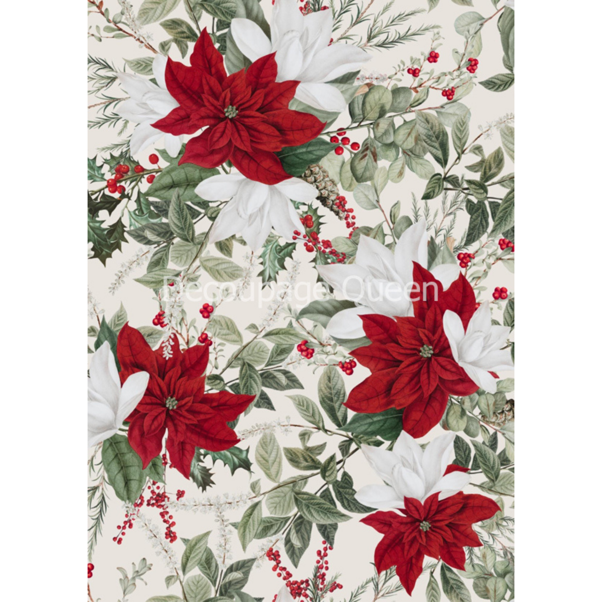 Chistmas Poinsettas-White-decoupage rice paper by Decoupage Queen available at Milton's Daughter.