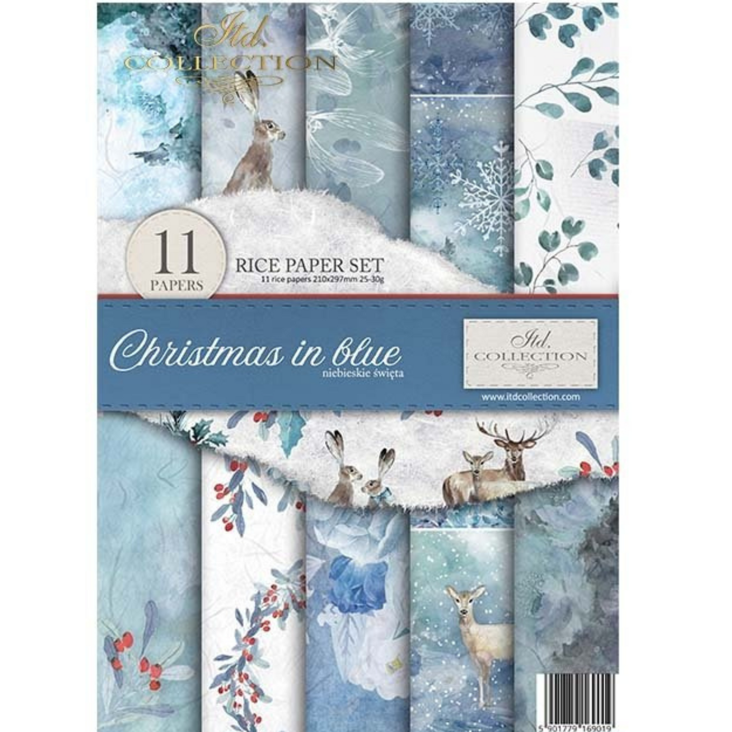 "Christmas in Blue" Eleven papers rice paper set by ITD Collection- Front cover image.  Available at Milton's Daughter