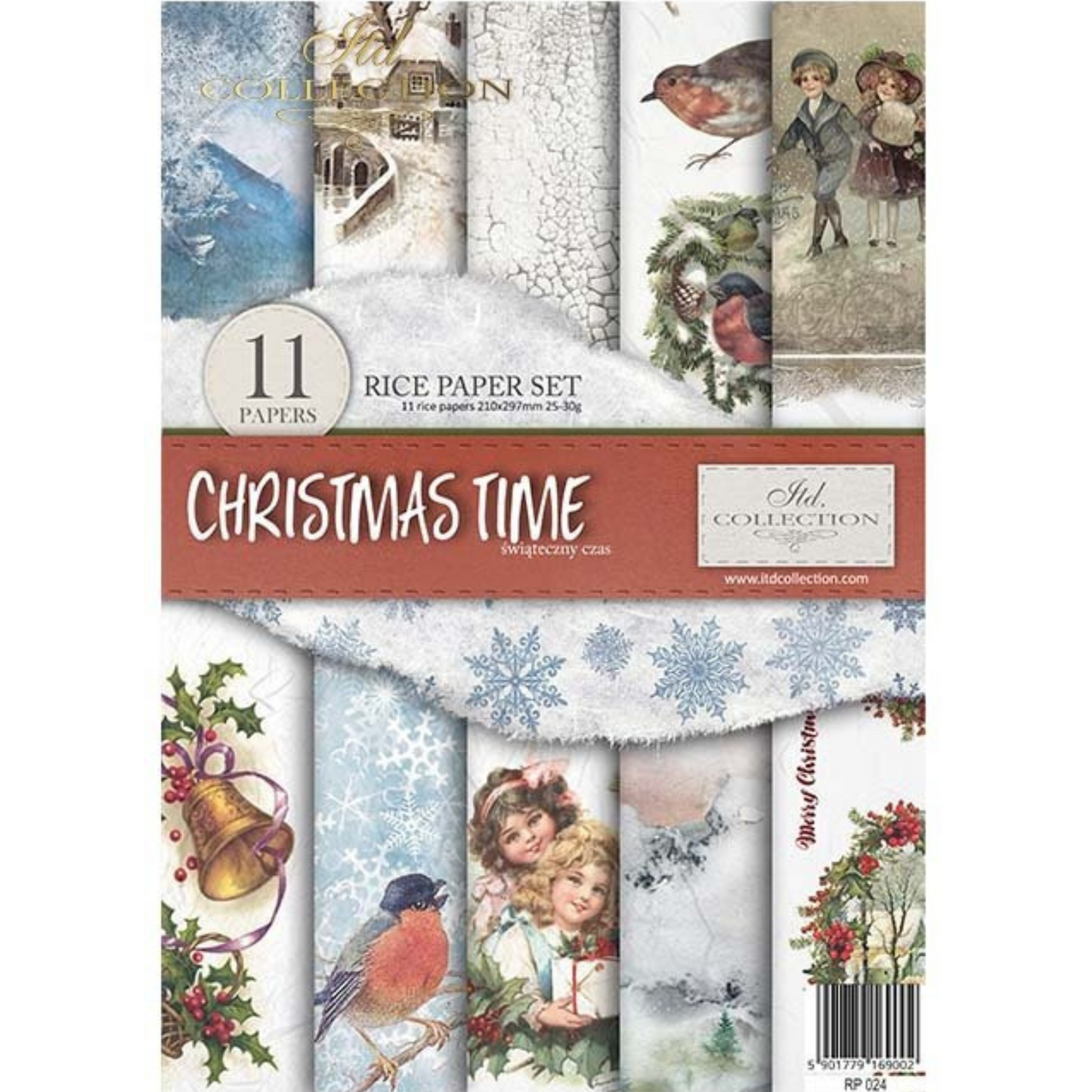 "Christmas Time" Decoupage Rice Paper set of eleven sheets by ITD Colleciton. Available at Milton's Daughter. Front cover iamge.