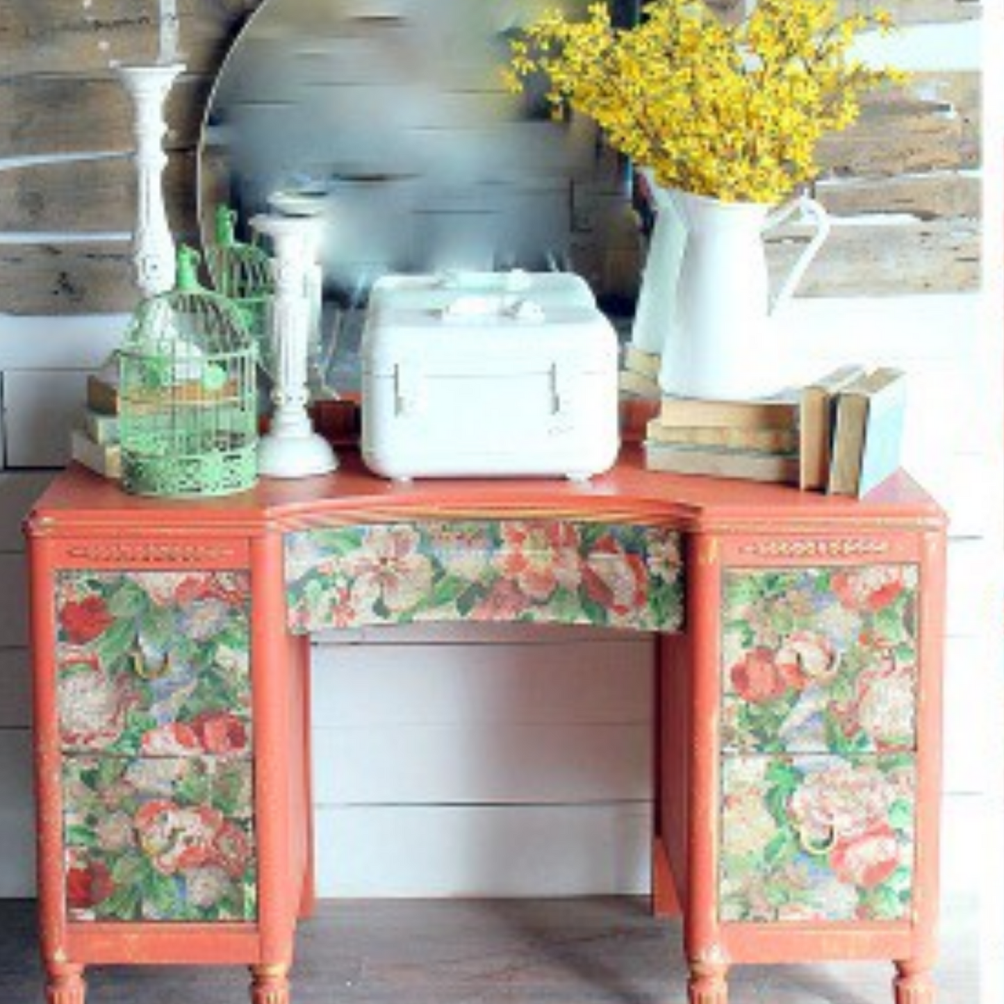 Antique desk in three views painted with Completely Coral by Sweet Pickins Milk Paint available at Milton's Daughter