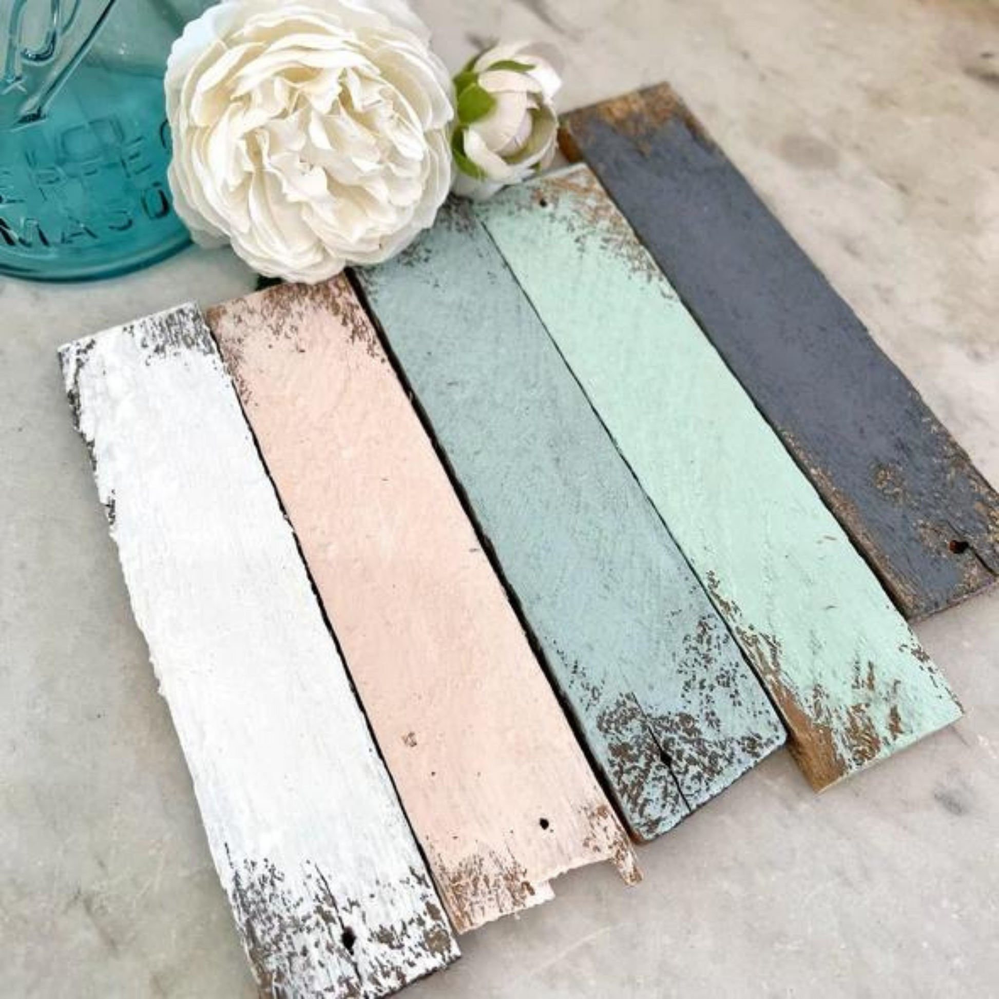 DIY Cottage Color Paint curated by Jamie Ray Vintage exclusively for Debi's Design Diary DIY Paint. Five color example includes White Linen, Vintage Pink, Haint Blue, Vintage Mint and Grey Skies. Available in pints at Milton's Daughter.