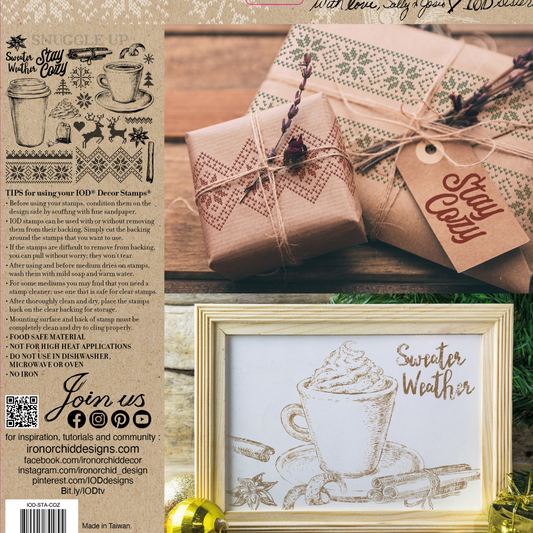 "Cozy" IOD Stamp by Iron Orchid Designs. Limited edition, single sheet set . Back Cover. Available at Milton's Daughter.