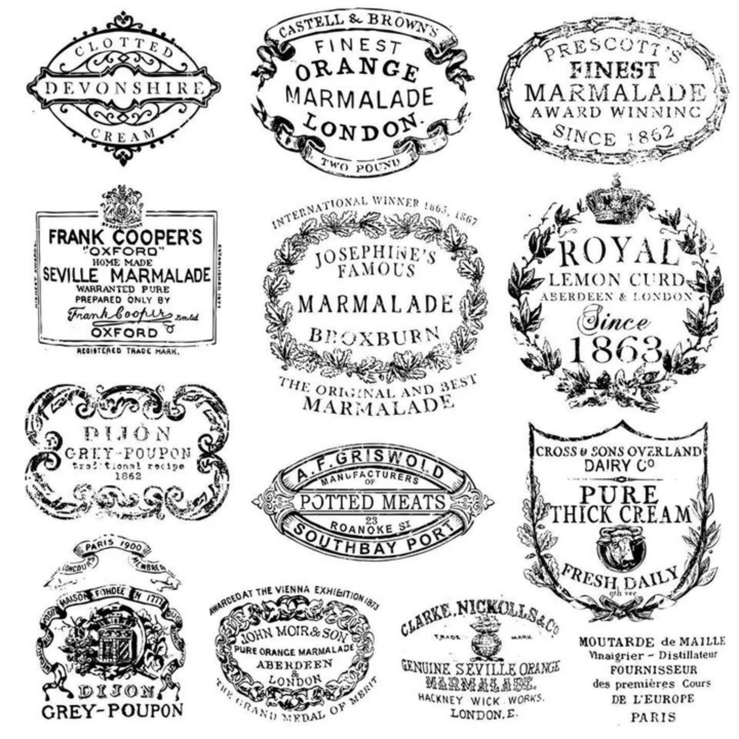 Thirteen different styles of vintage style crockery labels at Milton's Daughter.