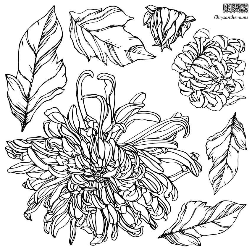 Open pattern chrysanthemums and leaves with spaces for painting or filling in at Milton's Daughter.