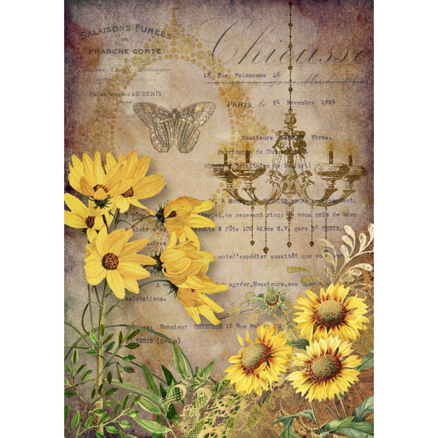 "Elegant Sunflowers with Chandelier" Decoupage Rice Paper by Decoupage Queen. Size A3 - 11.7" x  16.5" available at Milton's Daughter.