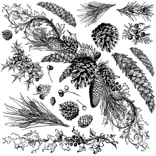 Multiple elements including pine cones in various sizes, wheat sprigs, mistletoe berries and leaves and ivy at Milton's Daughter.